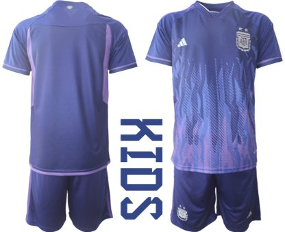 Otroški Nogometni dresi Argentina Gostujoči SP 2022 Kratek Rokav + Kratke hlače