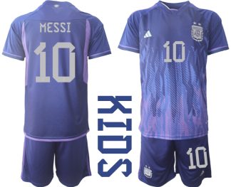 Otroški Nogometni dresi Argentina Gostujoči SP 2022 Kratek Rokav + Kratke hlače MESSI 10
