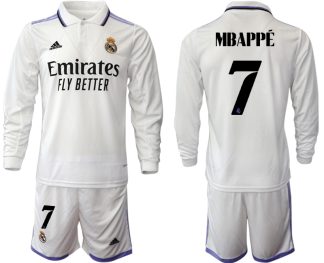 Moški Nogometni dresi Real Madrid Domači 2023 Dolgi Rokav + Kratke hlače MBAPPÉ 7