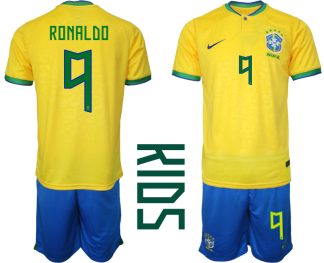 Otroški Nogometna dresi kompleti Brazilija Domači SP 2022 tisk RONALDO 9