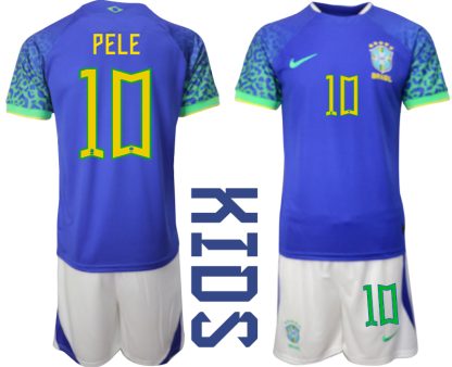 Otroški Nogometni dresi Brazilija Gostujoči SP 2022 Kratek Rokav + Kratke hlače PELE 10