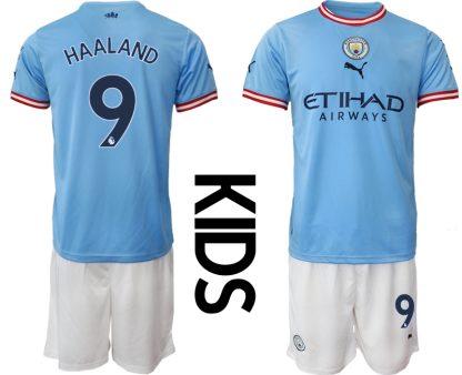 Otroški Nogometni dresi Manchester City Domači 2023 Kratek Rokav + Kratke hlače HAALAND 9