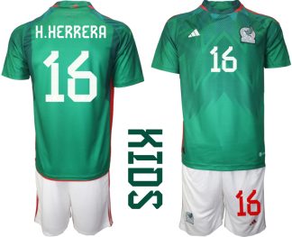 Otroški Nogometni dresi Mehika Domači SP 2022 Kratek Rokav + Kratke hlače H.HERRERA 16