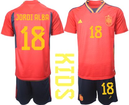 Otroški Nogometni dresi Španija Domači SP 2022 Kratek Rokav + Kratke hlače JORDI ALBA 18