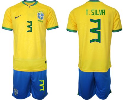 Moški Nogometni dresi Brazilija Domači SP 2022 Kratek Rokav + Kratke hlače T.SILVA 3