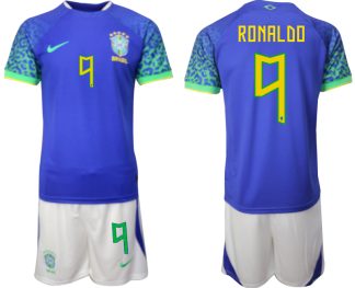 Moški Nogometni dresi Brazilija Gostujoči SP 2022 Kratek Rokav + Kratke hlače RONALDO 9
