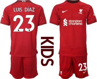 Otroški Nogometni dresi Liverpool Domači 2023 Kratek Rokav + Kratke hlače LUIS DÍAZ 23