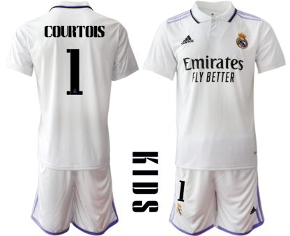 Otroški Nogometni dresi Real Madrid Domači 2023 Kratek Rokav + Kratke hlače COURTOIS 1