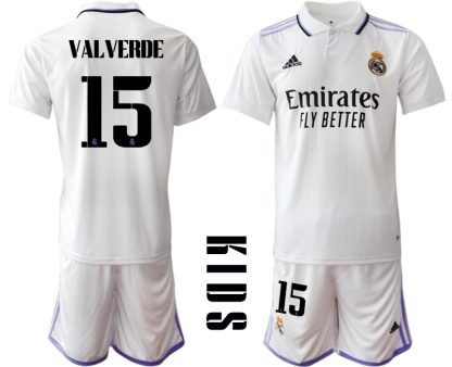 Otroški Nogometni dresi Real Madrid Domači 2023 Kratek Rokav + Kratke hlače VALVERDE 15
