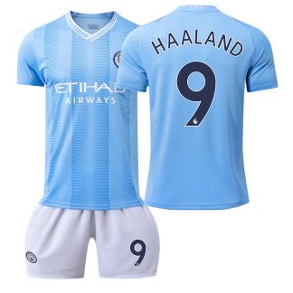 Otroški Nogometni dresi Manchester City Domači 2023-24 Kratek Rokav + Kratke hlače HAALAND 9