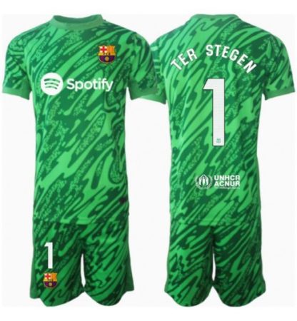 Otroški Nogometni Dresi Kompleti Barcelona Vratar Gostujoči 2024-25 zelenaTer Stegen 1