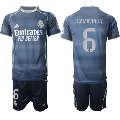 Poceni Nogometni dresi kompleti Real Madrid Gostujoči 2025-26 Eduardo Camavinga 6