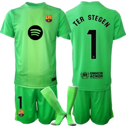 Otroški nogometni dresi FC Barcelona Vratar zelena 2025-26 Marc-André ter Stegen 1