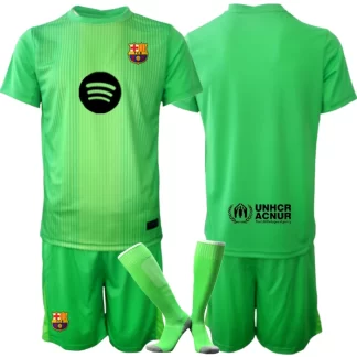 Otroški nogometni dresi FC Barcelona Vratar zelena 2025-26 z lastnim tiskom