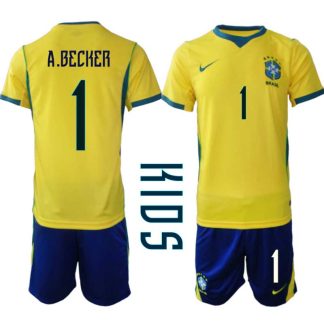 Poceni Otroški Nogometni dresi kompleti Brazilija Alisson Becker #1 Domači SP 2026