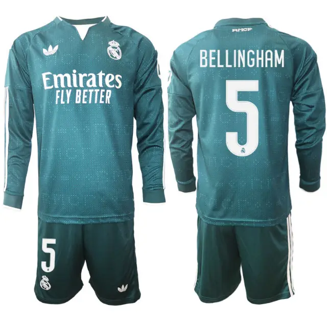 Nogometni dresi Real Madrid kompleti Gostujoči 2026/27 Jude Bellingham #5 zelena Dolgi Rokav