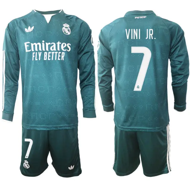 Nogometni dresi Vinicius Junior #7 Real Madrid Gostujoči 2026/27 zelena Dolgi Rokav + Kratke hlače
